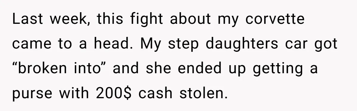 Last week, this fight about my corvette came to a head. My step daughters car got “broken into” and she ended up getting a purse with 200$ cash stolen.