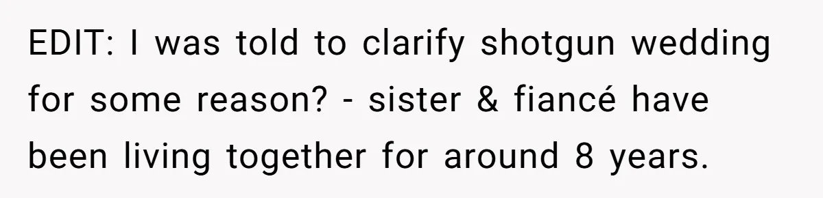 EDIT: I was told to clarify shotgun wedding for some reason? - sister & fiancé have been living together for around 8 years.