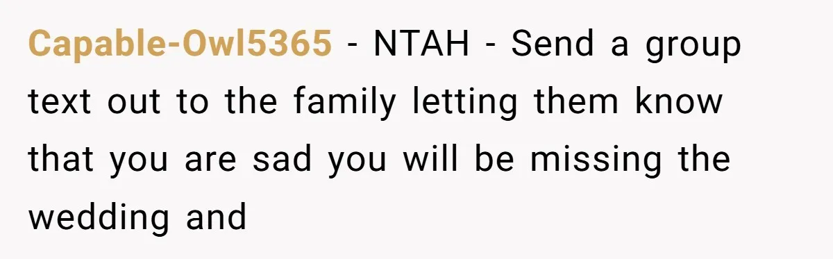 Capable-Owl5365 − NTAH - Send a group text out to the family letting them know that you are sad you will be missing the wedding and