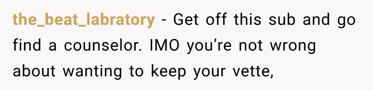 the_beat_labratory − Get off this sub and go find a counselor. IMO you’re not wrong about wanting to keep your vette,