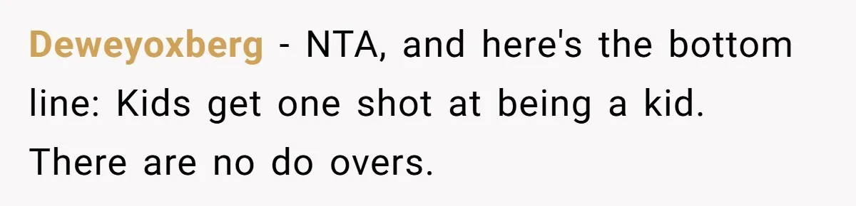 Deweyoxberg − NTA, and here's the bottom line: Kids get one shot at being a kid. There are no do overs.
