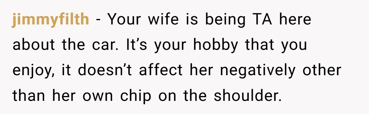 jimmyfilth − Your wife is being TA here about the car. It’s your hobby that you enjoy, it doesn’t affect her negatively other than her own chip on the shoulder.