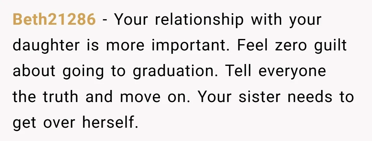 Beth21286 − Your relationship with your daughter is more important. Feel zero guilt about going to graduation. Tell everyone the truth and move on. Your sister needs to get over...