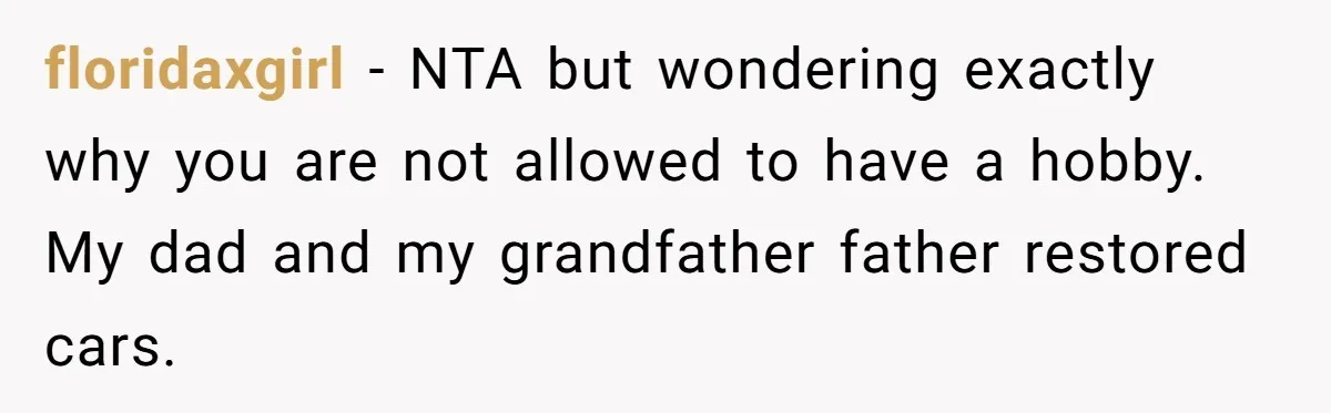 floridaxgirl − NTA but wondering exactly why you are not allowed to have a hobby. My dad and my grandfather father restored cars.