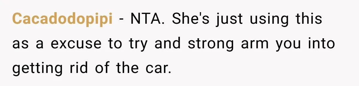 Cacadodopipi − NTA. She's just using this as a excuse to try and strong arm you into getting rid of the car.