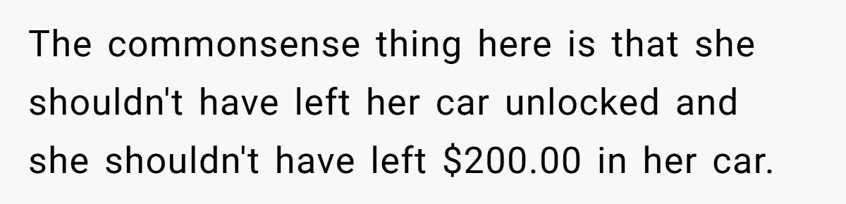 The commonsense thing here is that she shouldn't have left her car unlocked and she shouldn't have left $200.00 in her car.