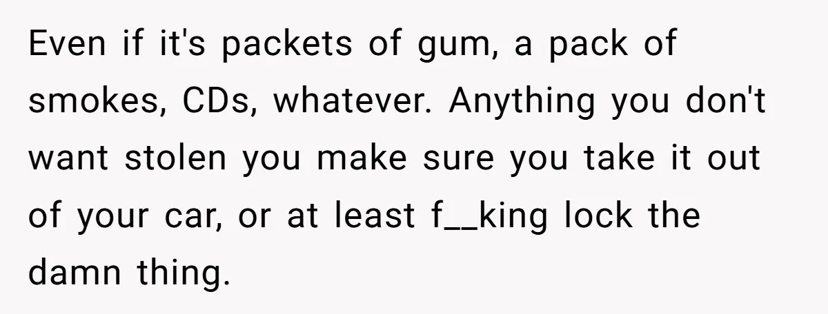 Even if it's packets of gum, a pack of smokes, CDs, whatever. Anything you don't want stolen you make sure you take it out of your car, or at least...