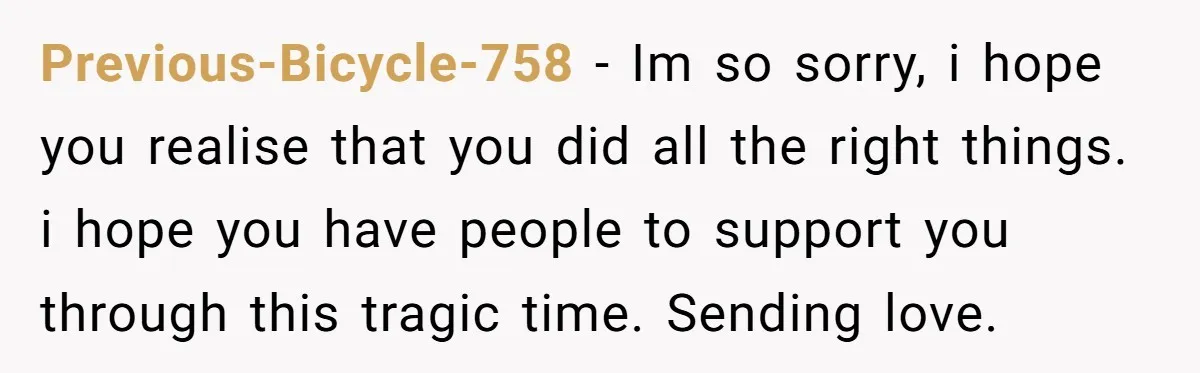 Previous-Bicycle-758 − Im so sorry, i hope you realise that you did all the right things. i hope you have people to support you through this tragic time. Sending love.