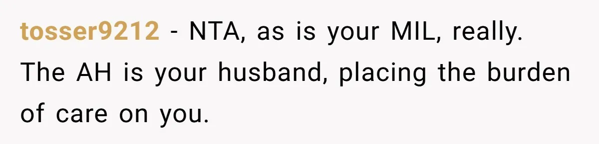 tosser9212 − NTA, as is your MIL, really. The AH is your husband, placing the burden of care on you.