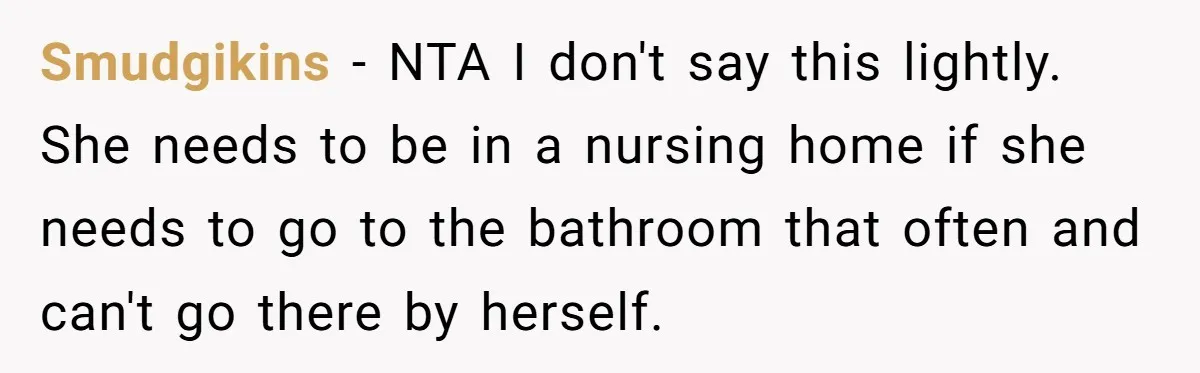 Smudgikins − NTA I don't say this lightly. She needs to be in a nursing home if she needs to go to the bathroom that often and can't go there...