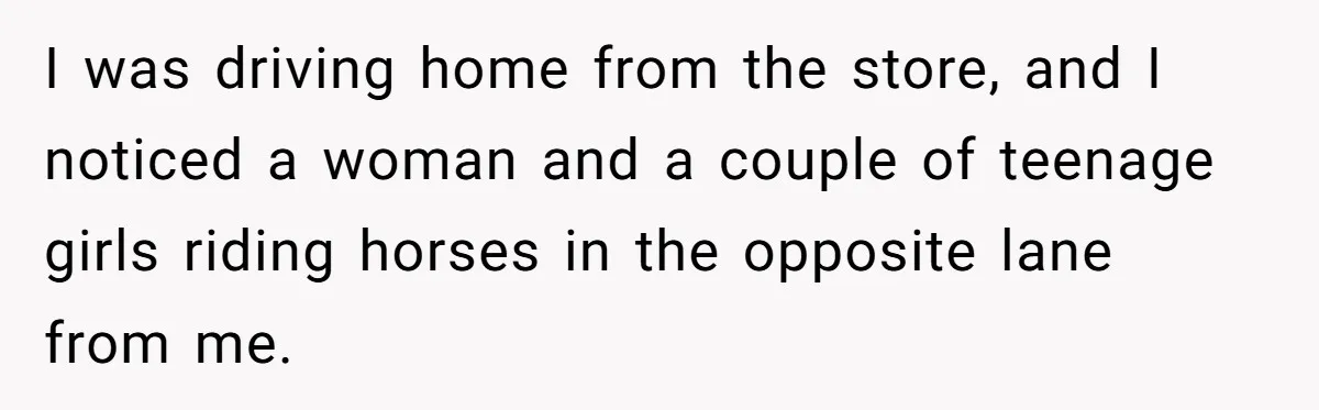 I was driving home from the store, and I noticed a woman and a couple of teenage girls riding horses in the opposite lane from me.
