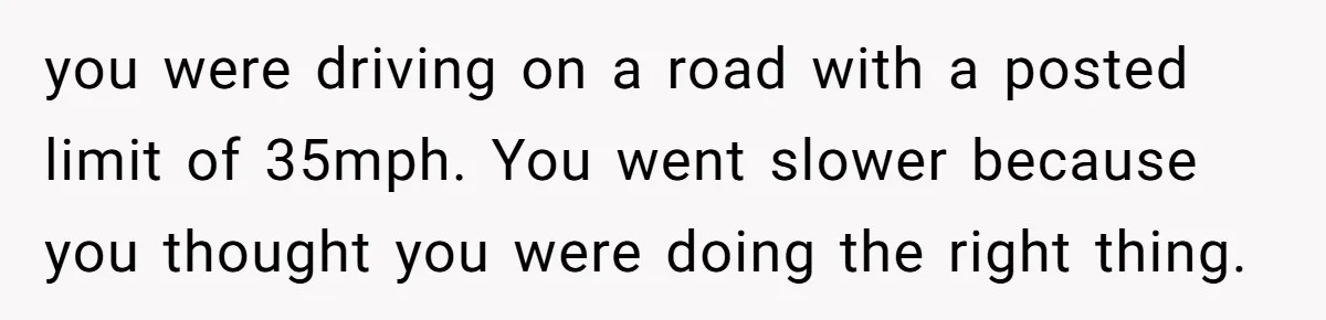 you were driving on a road with a posted limit of 35mph. You went slower because you thought you were doing the right thing.