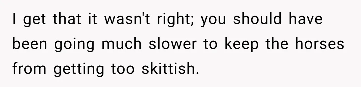 I get that it wasn't right; you should have been going much slower to keep the horses from getting too skittish.