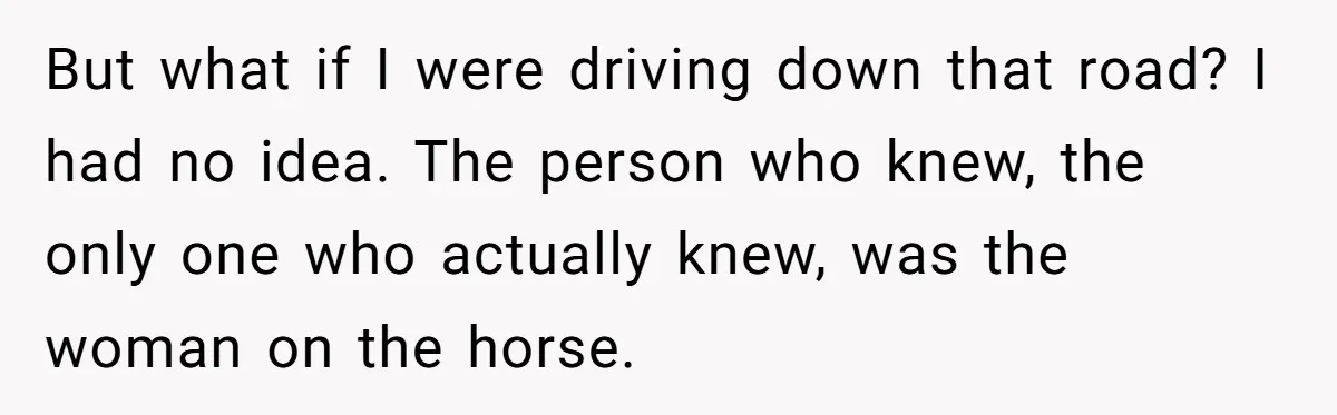 But what if I were driving down that road? I had no idea. The person who knew, the only one who actually knew, was the woman on the horse.