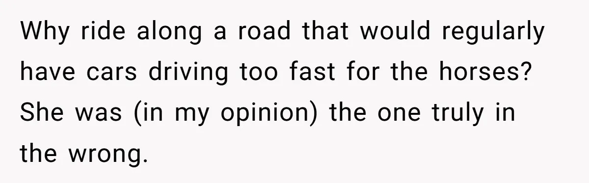 Why ride along a road that would regularly have cars driving too fast for the horses? She was (in my opinion) the one truly in the wrong.