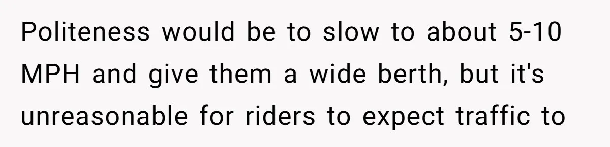 Politeness would be to slow to about 5-10 MPH and give them a wide berth, but it's unreasonable for riders to expect traffic to
