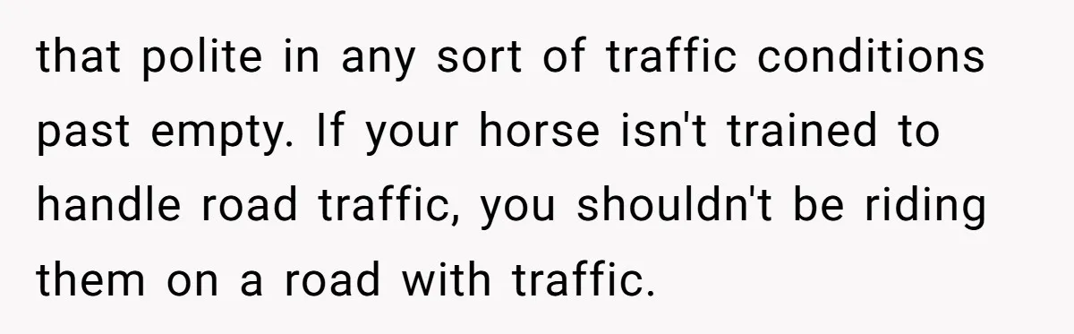 that polite in any sort of traffic conditions past empty. If your horse isn't trained to handle road traffic, you shouldn't be riding them on a road with traffic.
