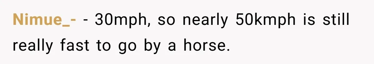 Nimue_- − 30mph, so nearly 50kmph is still really fast to go by a horse.