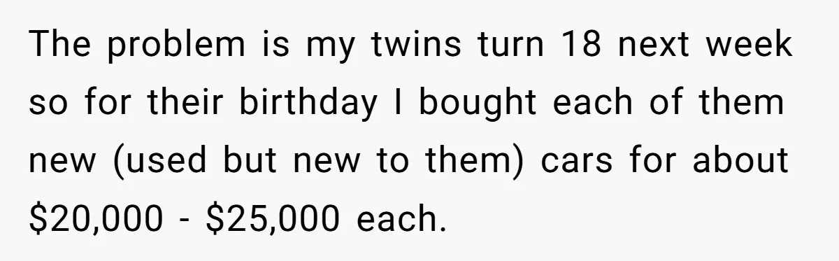 The problem is my twins turn 18 next week so for their birthday I bought each of them new (used but new to them) cars for about $20,000 - $25,000...