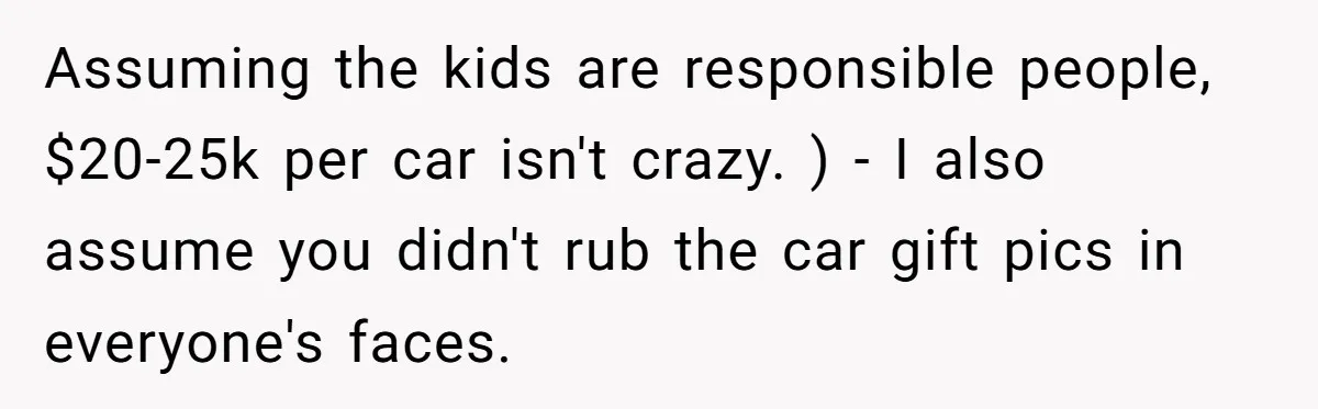 Assuming the kids are responsible people, $20-25k per car isn't crazy. ) - I also assume you didn't rub the car gift pics in everyone's faces.