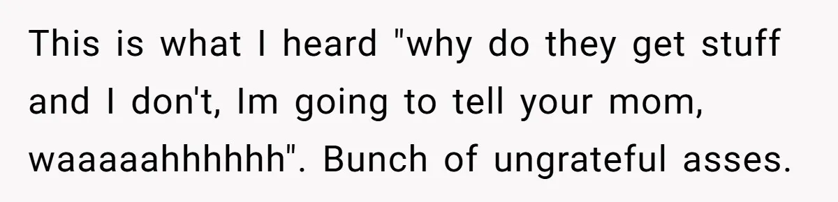 This is what I heard "why do they get stuff and I don't, Im going to tell your mom, waaaaahhhhhh". Bunch of ungrateful asses.