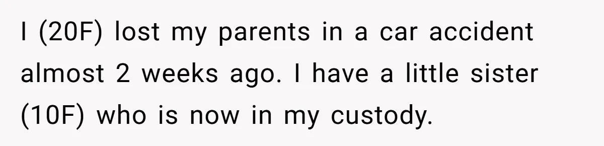 I (20F) lost my parents in a car accident almost 2 weeks ago. I have a little sister (10F) who is now in my custody.