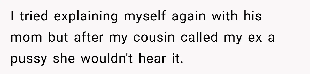 I tried explaining myself again with his mom but after my cousin called my ex a pussy she wouldn't hear it.