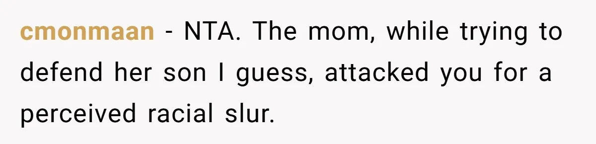 cmonmaan − NTA. The mom, while trying to defend her son I guess, attacked you for a perceived racial slur.