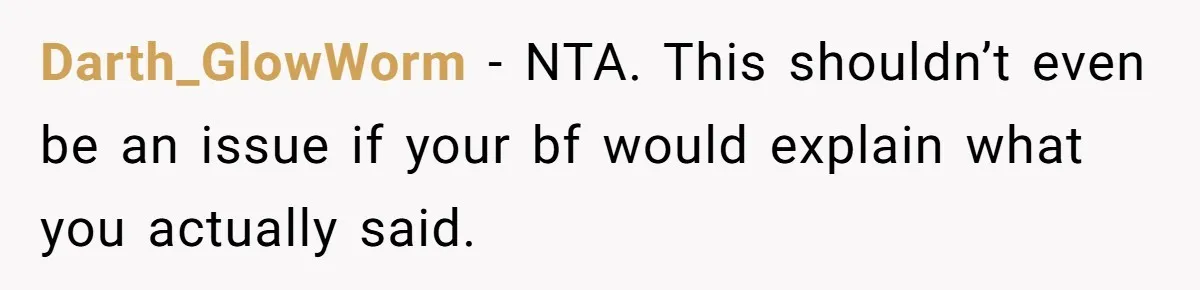Darth_GlowWorm − NTA. This shouldn’t even be an issue if your bf would explain what you actually said.