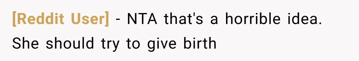 [Reddit User] − NTA that's a horrible idea. She should try to give birth