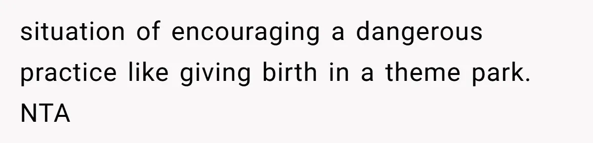 situation of encouraging a dangerous practice like giving birth in a theme park. NTA