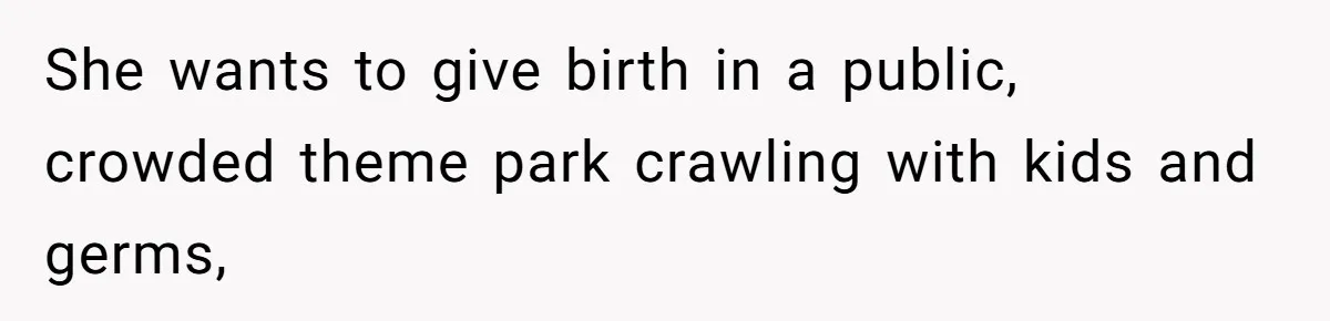 She wants to give birth in a public, crowded theme park crawling with kids and germs,