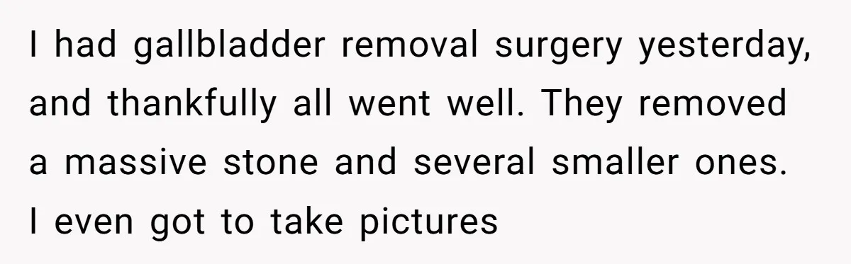 I had gallbladder removal surgery yesterday, and thankfully all went well. They removed a massive stone and several smaller ones. I even got to take pictures