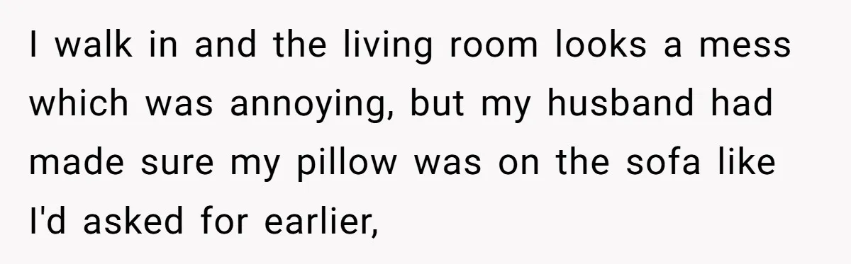 I walk in and the living room looks a mess which was annoying, but my husband had made sure my pillow was on the sofa like I'd asked for earlier,