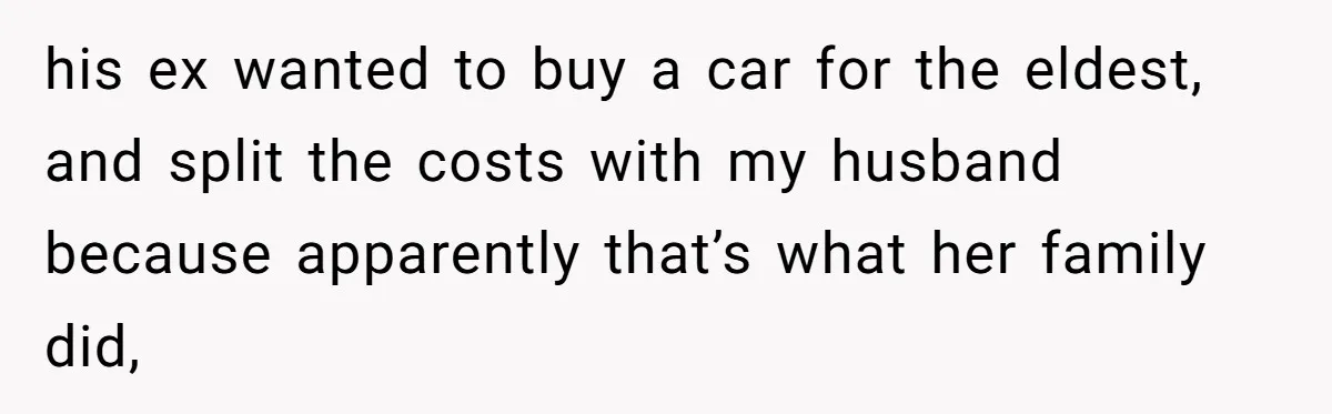 his ex wanted to buy a car for the eldest, and split the costs with my husband because apparently that’s what her family did,