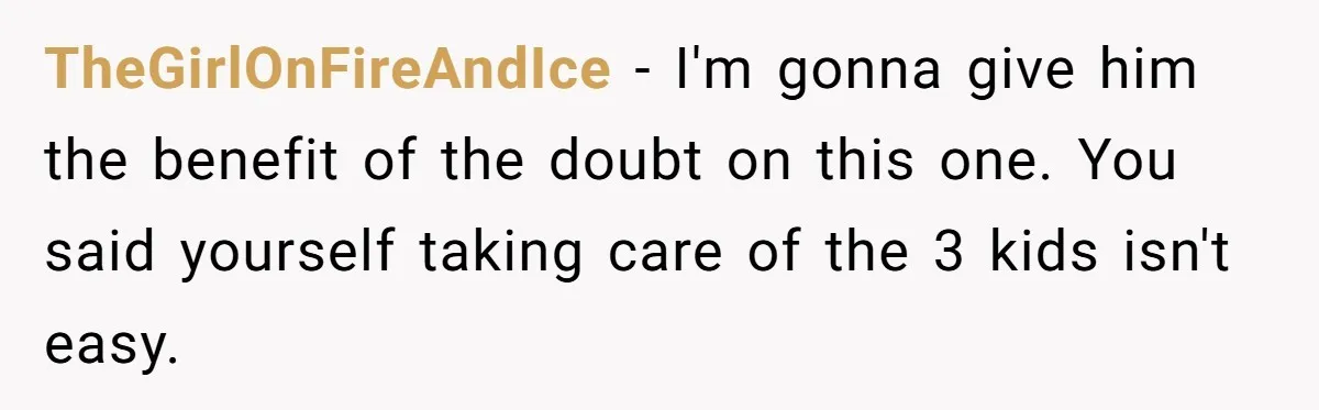 TheGirlOnFireAndIce − I'm gonna give him the benefit of the doubt on this one. You said yourself taking care of the 3 kids isn't easy.