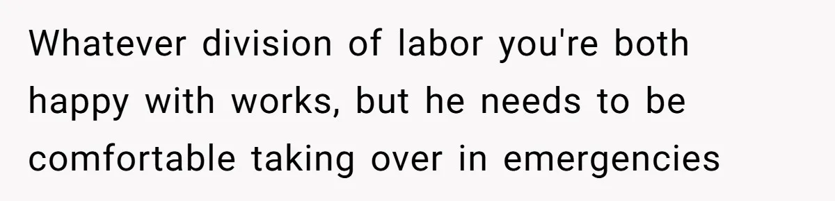 Whatever division of labor you're both happy with works, but he needs to be comfortable taking over in emergencies