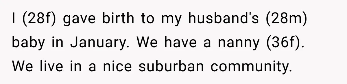 I (28f) gave birth to my husband's (28m) baby in January. We have a nanny (36f). We live in a nice suburban community.