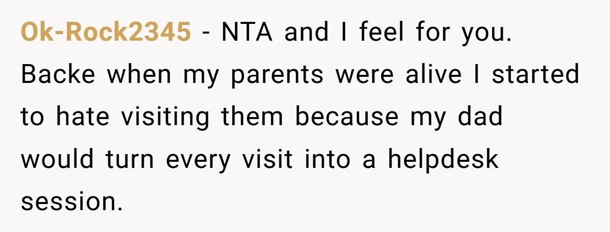 Ok-Rock2345 − NTA and I feel for you. Backe when my parents were alive I started to hate visiting them because my dad would turn every visit into a helpdesk...