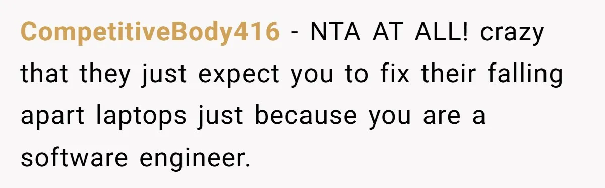 CompetitiveBody416 − NTA AT ALL! crazy that they just expect you to fix their falling apart laptops just because you are a software engineer.