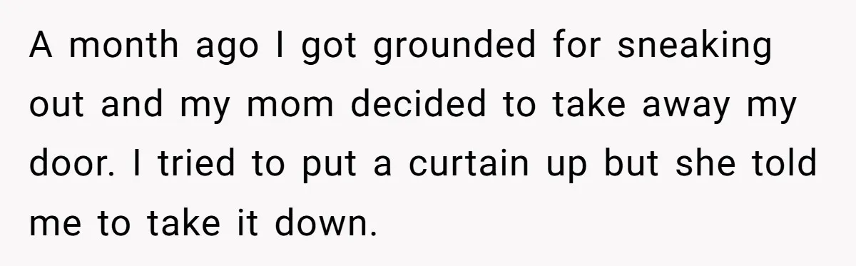 A month ago I got grounded for sneaking out and my mom decided to take away my door. I tried to put a curtain up but she told me to...