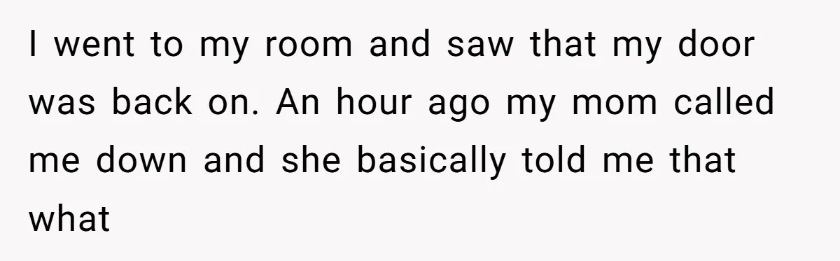 I went to my room and saw that my door was back on. An hour ago my mom called me down and she basically told me that what