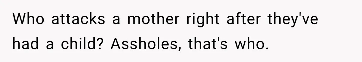 Who attacks a mother right after they've had a child? Assholes, that's who.