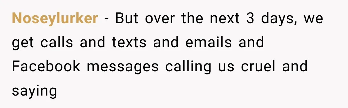Noseylurker − But over the next 3 days, we get calls and texts and emails and Facebook messages calling us cruel and saying