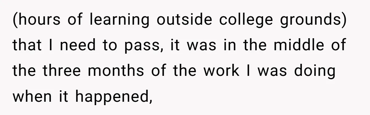 (hours of learning outside college grounds) that I need to pass, it was in the middle of the three months of the work I was doing when it happened,