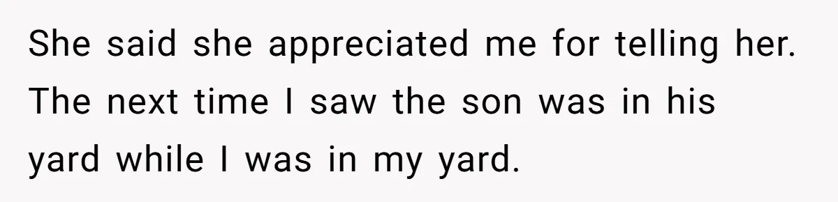She said she appreciated me for telling her. The next time I saw the son was in his yard while I was in my yard.