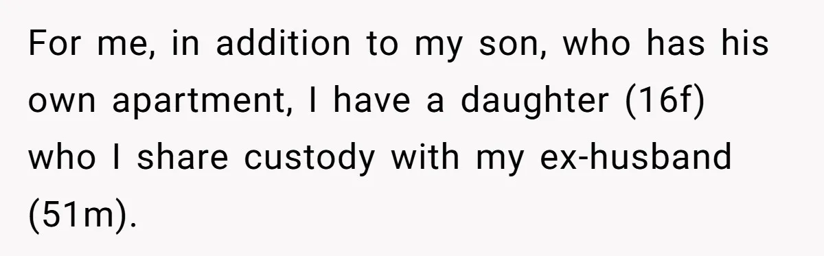 For me, in addition to my son, who has his own apartment, I have a daughter (16f) who I share custody with my ex-husband (51m).