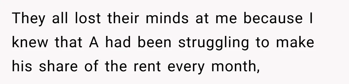 They all lost their minds at me because I knew that A had been struggling to make his share of the rent every month,