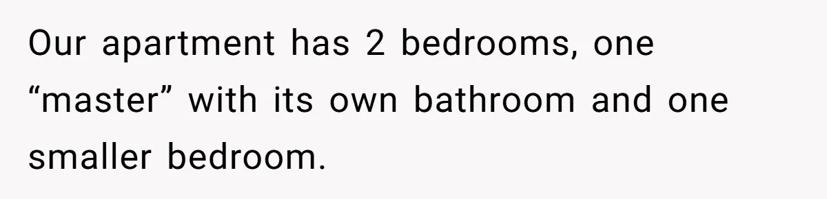 Our apartment has 2 bedrooms, one “master” with its own bathroom and one smaller bedroom.
