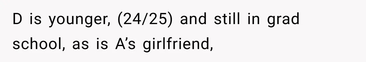 D is younger, (24/25) and still in grad school, as is A’s girlfriend,